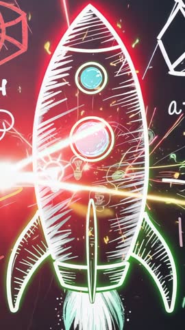 Vertical chalkboard rocket igniting red-gold sparks with teal windows for startup launch