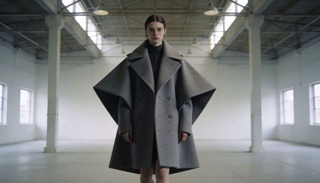Architectural minimalist fashion model presenting oversized grey coat in industrial studio