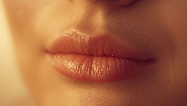 Highlighting full slightly parted lips macro with natural gloss and skin texture for beauty