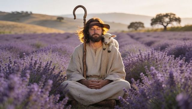 Meditating shepherd in lavender field with lamb on shoulder at golden hour