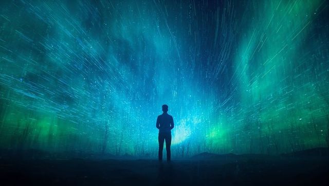 Standing silhouette facing vibrant aurora borealis with streaking stars over tundra