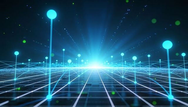 Glowing horizon connecting virtual grid and rising signal pillars, futuristic network visualization