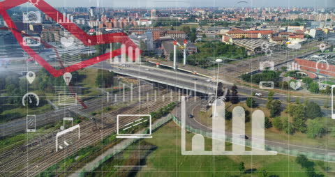 Digital Icons Over Aerial Cityscape Visualize Data