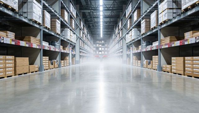 Empty warehouse aisle stretching to vanishing point with pallet racking and led lighting