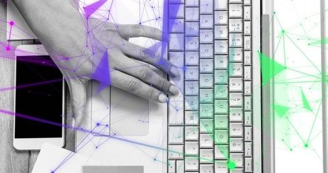 Right hand scrolling laptop trackpad with keyboard and mobile overlay showing network nodes