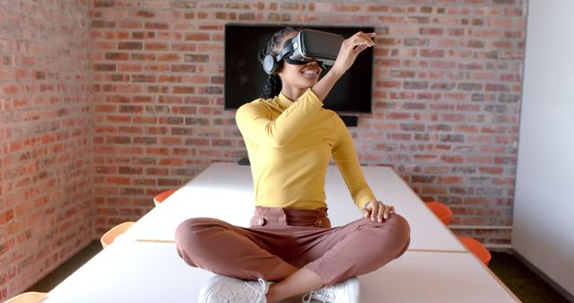 Woman in Virtual Reality Headset Experiencing VR Technology Indoors - Download Free Stock Images Pikwizard.com