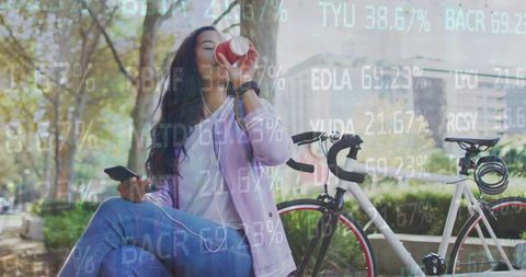 Woman Drinking Coffee with Stock Market Overlay on Urban Street
