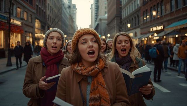 Festive Carolers Singing in Cozy Urban Winter Street