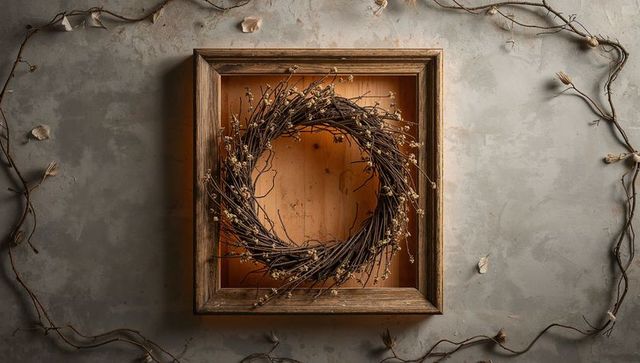 Grapevine twig wreath hanging in rustic wooden frame on textured plaster wall seasonal decor