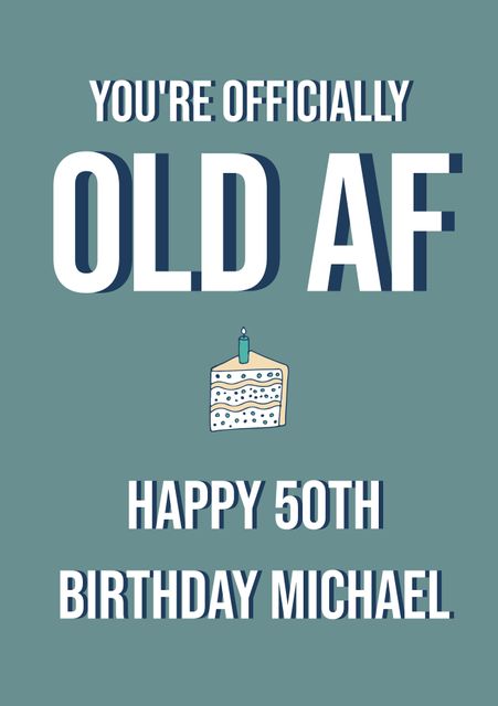 Ideal for celebrating a friend's or loved one's 50th birthday with humor. The card features a playful and bold message 'You're officially old AF' with a cake illustration, making it perfect for those who appreciate a good laugh on their milestone birthday. Suitable for personalization, adding names, and gender-neutral messages. Great for sharing birthday wishes in a light-hearted manner.