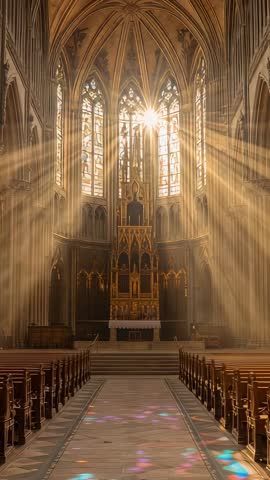 Sunlight Streaming Through Stained Glass in Gothic Cathedral, Altar Illuminated, Vertical Video