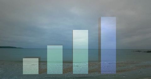 Translucent pastel bar chart columns rising from coastal shoreline with overcast horizon
