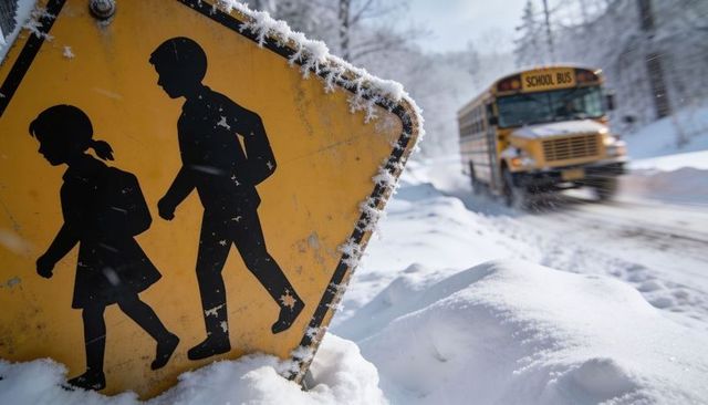 Frosted school crossing sign signaling, yellow bus approaching on snowy winter road