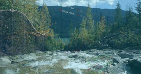 Mountain stream with overlayed data analysis in wilderness setting