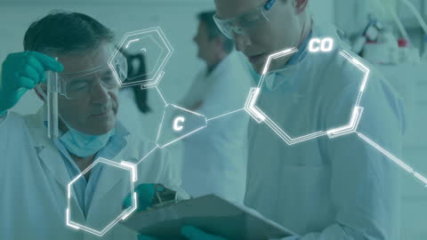 Scientists in Lab Analyzing Chemical Structures and Data