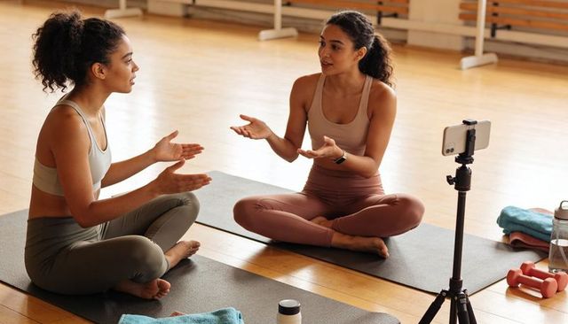 Recording Guided Mat Workout - Two Women Coaching Yoga and Pilates with Smartphone Tripod