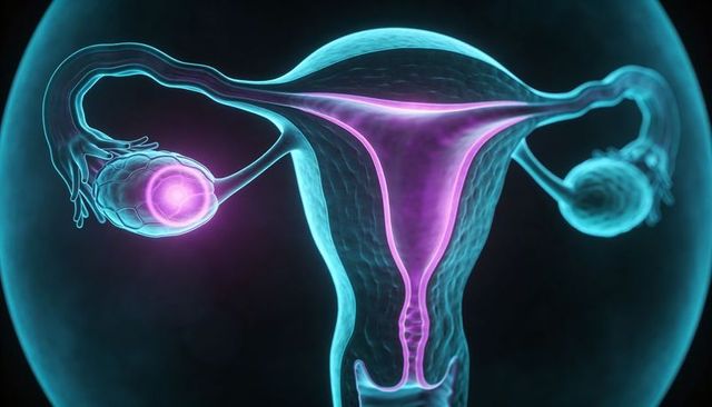3D Medical Illustration Showing Female Reproductive System with Glowing Ovum in Left Ovary
