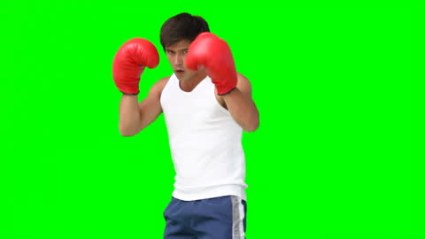Man Practicing Kickboxing with Red Gloves in Front of Green Background