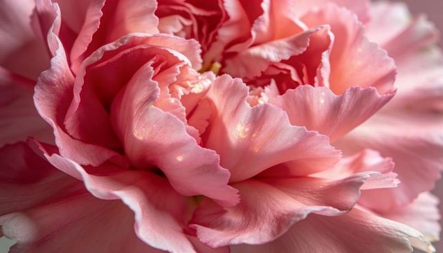 Filling-frame ruffled pink bloom showcasing layered petals and soft iridescent highlights