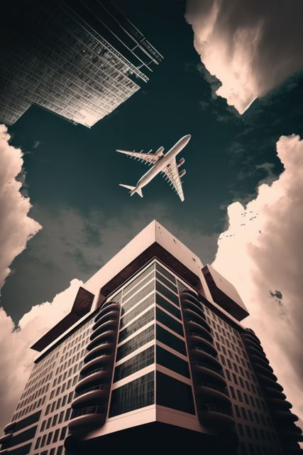 Dynamic image featuring airplane flying above modern skyscrapers with dramatic clouds and sky. Suitable for themes related to travel, business, urban living, transportation, modern architecture, and city planning. Perfect for use in advertisements, promotional materials, websites, or editorial purposes.