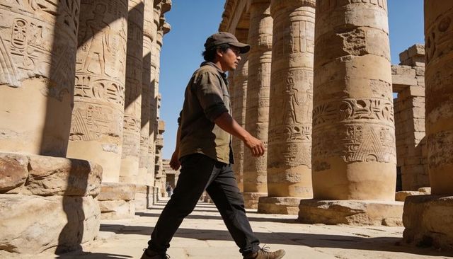Male tourist walking through ancient egyptian temple with carved columns and hieroglyphs