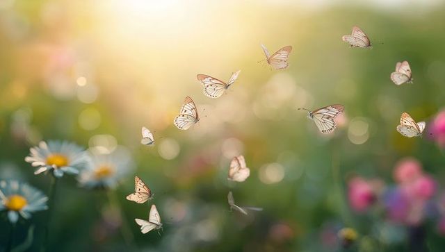 Fluttering pale butterflies crossing sunlit flower meadow with daisies and golden bokeh