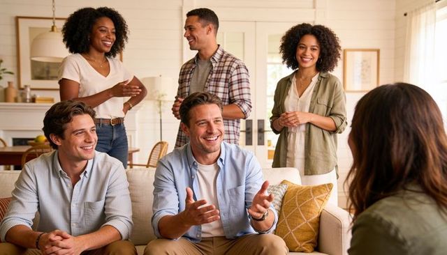 Friends gathering in cozy living room sharing conversation and laughter, casual home party