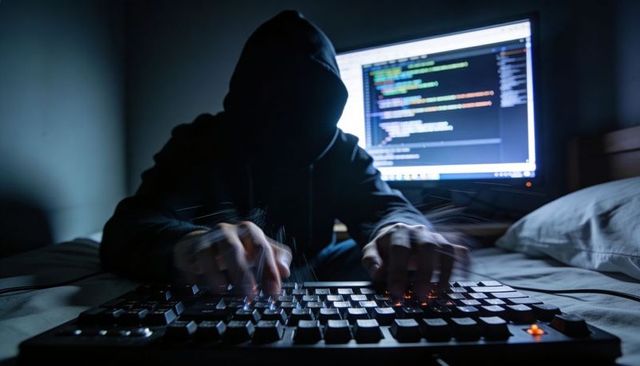 Hooded hacker typing on mechanical keyboard at night with code glowing on monitor