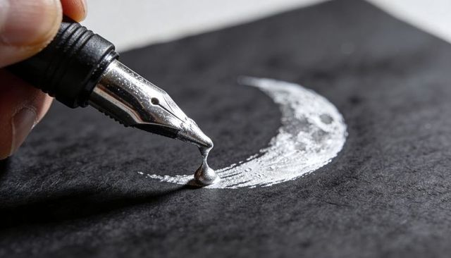 Drawing metallic crescent moon with fountain pen pouring silver ink droplet on black paper