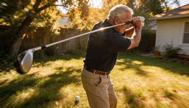 Senior man swinging driver practicing golf backswing in sunlit backyard during golden hour