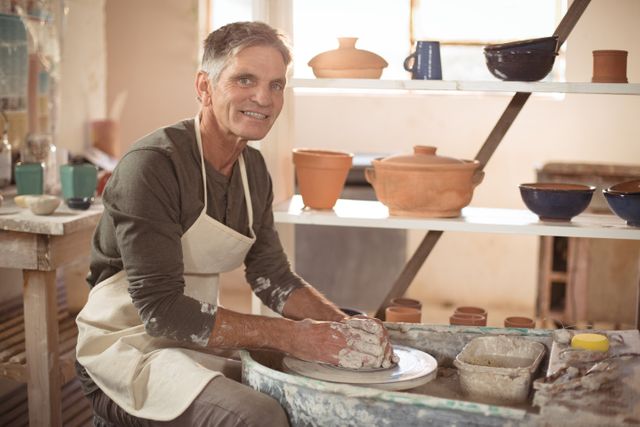 Portrait of smiling male potter making pot in pottery workshop