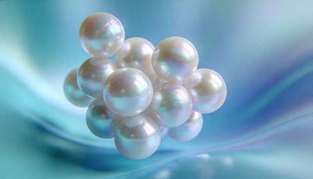 Iridescent pearl cluster on blue satin with soft pastel bokeh and nacreous highlights