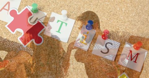 Colorful puzzle and autism awareness with friends overlay