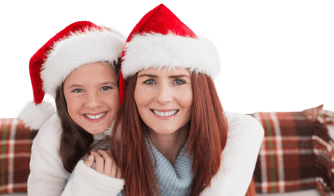 Happy Mother and Daughter in Santa Hats on Transparent Background