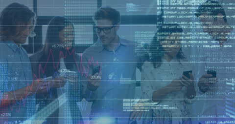 Diverse Professionals Analyzing Digital Data Overlay in Office Setting