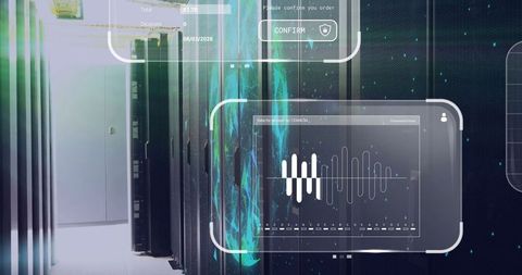 Futuristic Data Center with Holographic Charts and Server Racks