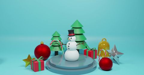 Festive Christmas Scene with Snowman and Colorful Decorations