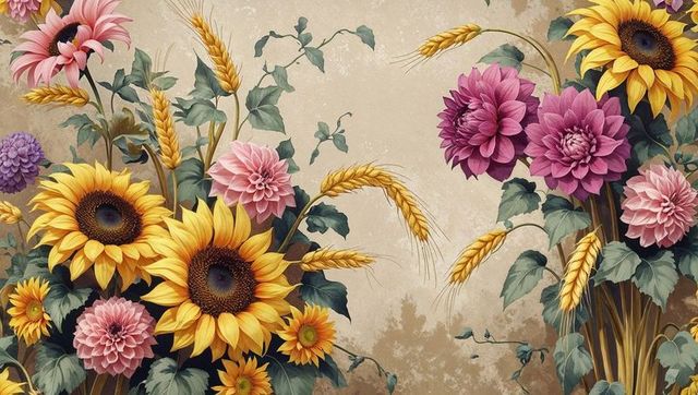 Colorful sunflowers and dahlias on textured background