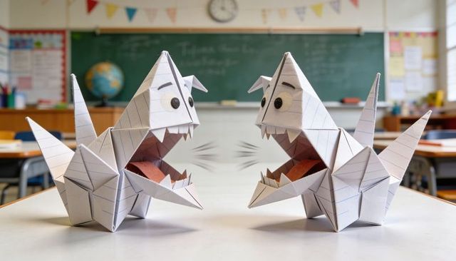 Playful origami sharks facing each other on school desk in classroom with chalkboard