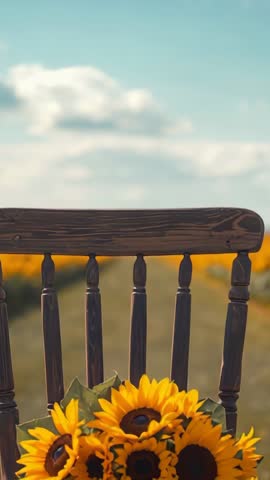 Panning Over Sunflower Rows Showing Rustic Chair Back and Rural Dirt Path — Vertical Video