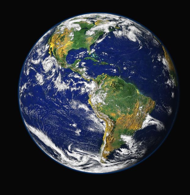 Viewing Earth from space with visible continents, oceans, and atmospheric clouds. Useful for educational materials, environmental campaigns, geography references, astronomy and space exploration illustrations, global awareness presentations, and nature-related projects.