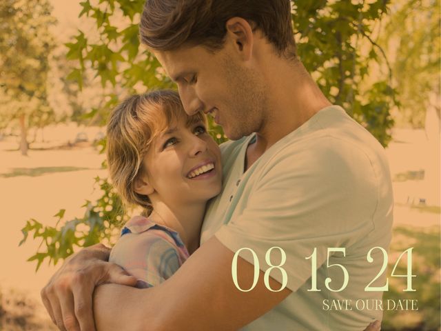 Image features a couple embracing joyfully in an outdoor setting bathed in sunlight, overwhelmed with love and anticipation. Ideal for use as save-the-date announcement for weddings or upcoming events. This template can also be personalized for engagement celebrations or anniversaries, creating a delightful message for sharing heartfelt moments.