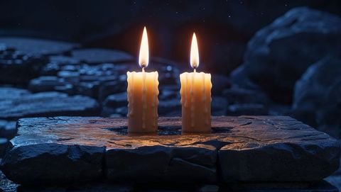 Melting candles on stone slab in mysterious ancient cavern