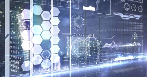 Digital Interface and Data Processing with Hexagons in Futuristic Cityscape - Download Free Stock Images Pikwizard.com