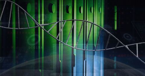 Futuristic digital dna helix with data and code elements