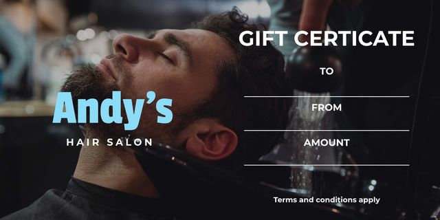 This men's hair salon gift certificate features a sleek design and a focus on grooming and pampering. It is ideal for beauty and wellness promotions, special occasions, holidays, or as a thoughtful gift. The modern layout with space for the recipient's details ensures a personalized touch, perfect for any upscale hair salon looking to attract new clients or offer exclusive services.
