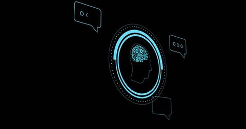 Neon ai brain interface hud featuring chat bubbles on dark background for ai ux technology