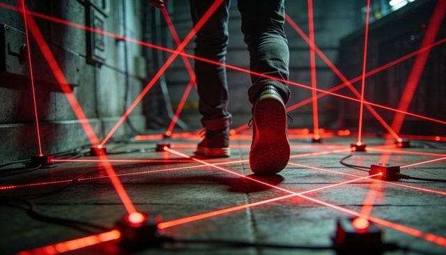 Sneakered feet navigating red laser grid in industrial corridor, stealth heist scene