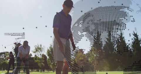 Golf Players Practicing Putting on Sunny Day with Globe Overlay