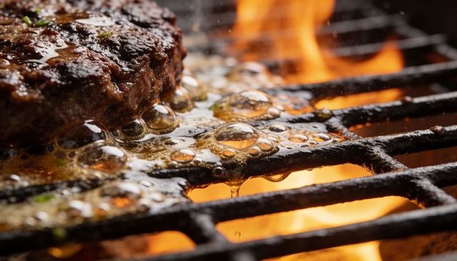 Searing juicy beef burger patty sizzling on grill with bubbling fat and open flame close-up